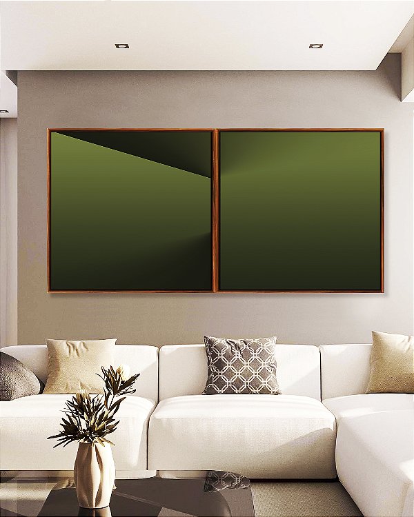 Duo de Quadros Quadrados Abstrato Degradê Tons de Verde Efeito Canvas Moldura