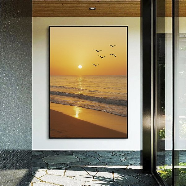 Quadro Vertical Pôr do Sol Dourado na Praia Mar Calmo Canvas Moldura