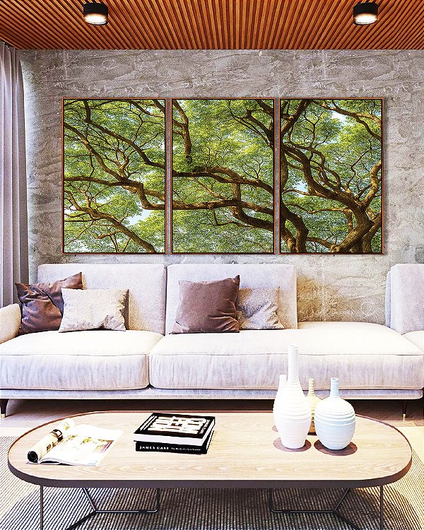 Trio de Quadros Copa de Árvore Natureza Paisagem Canvas Moldura