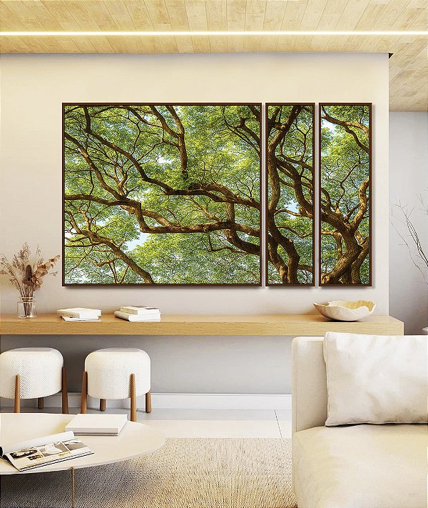 Trio de Quadros Estilizados Copa de Árvore Natureza Paisagem Canvas Moldura