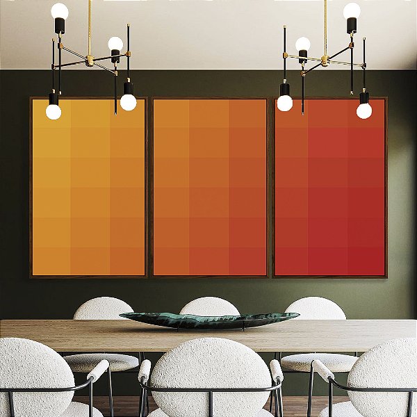 Trio de Quadros Abstrato Geométrico Degradê Laranja Amarelo Canvas Moldura