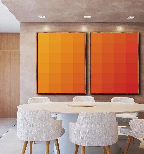 Duo de Quadros Abstrato Geométrico Degradê Laranja Amarelo Canvas Moldura
