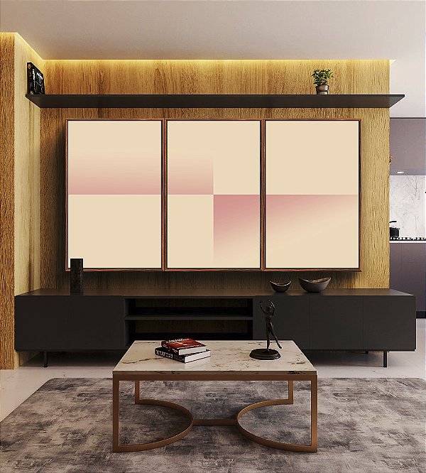 Trio de Quadros Abstrato Geométrico Degradê Tons de Rosa Canvas Moldura