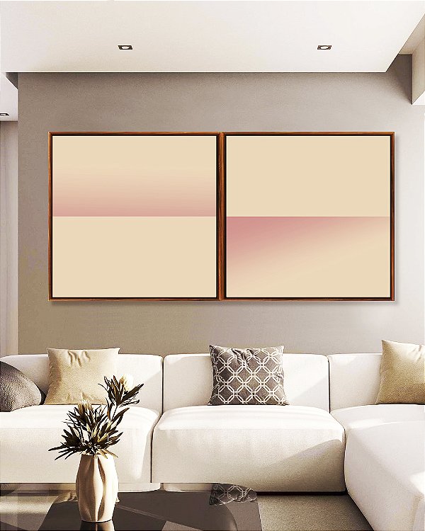 Duo de Quadros Quadrados Abstrato Geométrico Degradê Tons de Rosa Canvas Moldura