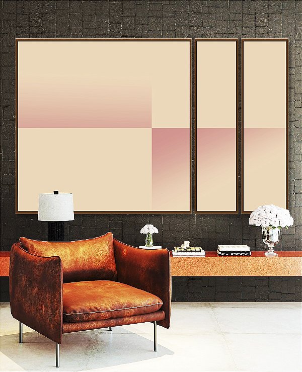 Trio de Quadros Estilizados Abstrato Geométrico Degradê Tons de Rosa Canvas Moldura