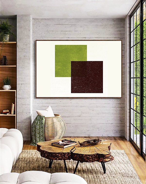 Quadro Horizontal Abstrato Geométrico Minimalista Verde Vinho Canvas Moldura