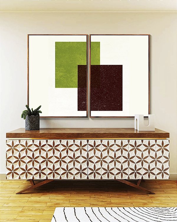 Duo de Quadros Abstrato Geométrico Minimalista Verde Vinho Canvas Moldura