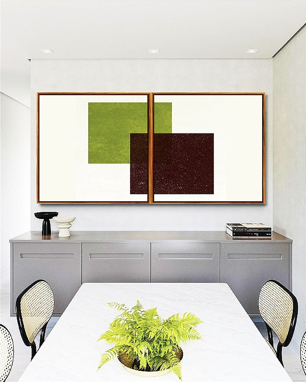 Duo de Quadros Quadrados Abstrato Geométrico Minimalista Verde Vinho Canvas Moldura