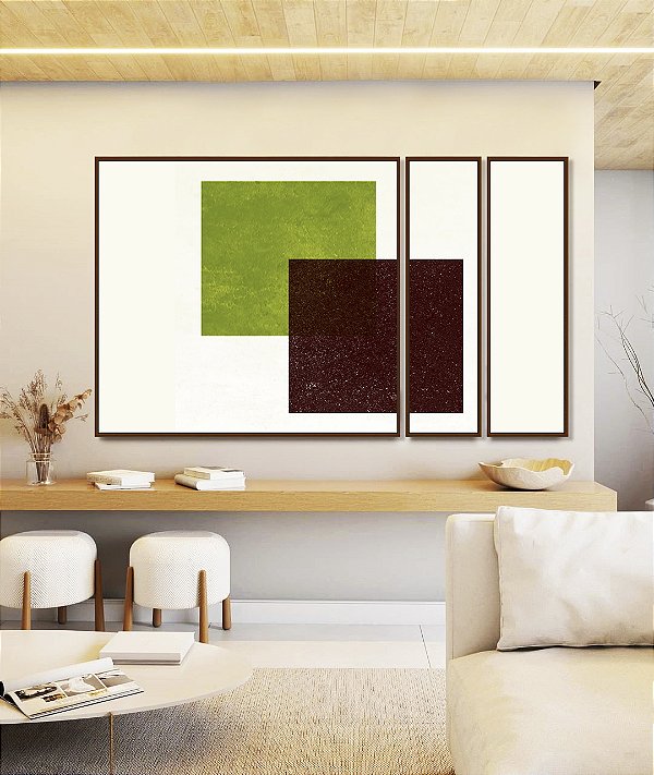 Trio de Quadros Estilizados Abstrato Geométrico Minimalista Verde Vinho Canvas Moldura