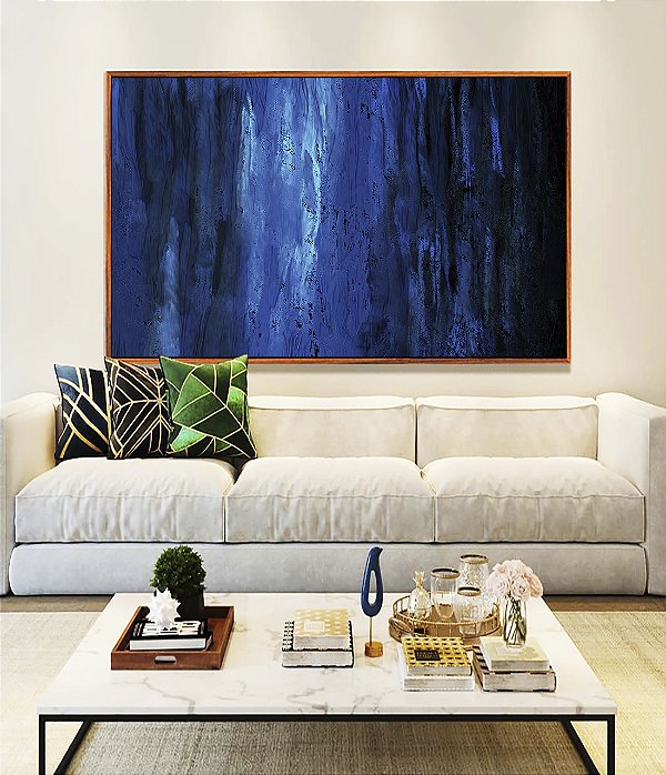 Quadro Horizontal Abstrato Tons de Azul Efeito Pintura Canvas Moldura