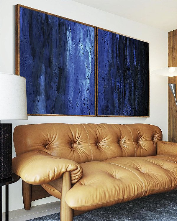 Duo de Quadros Abstrato Tons de Azul Efeito Pintura Canvas Moldura