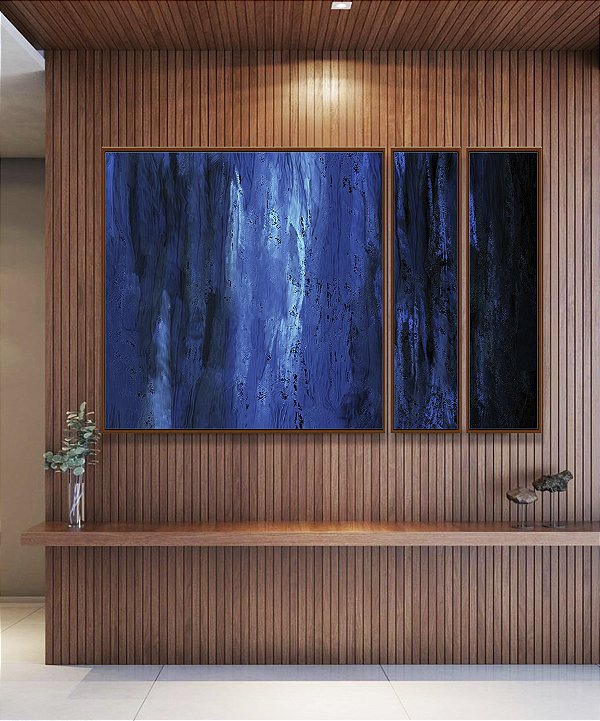 Trio de Quadros Estilizados Abstrato Tons de Azul Efeito Pintura Canvas Moldura
