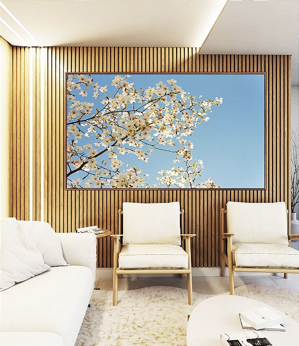 Quadro Horizontal Árvore Flores Brancas Céu Azul Paisagem Canvas Moldura