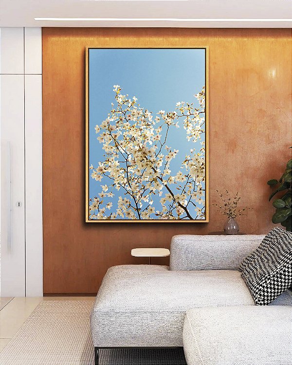 Quadro Vertical Árvore Flores Brancas Céu Azul Paisagem Canvas Moldura
