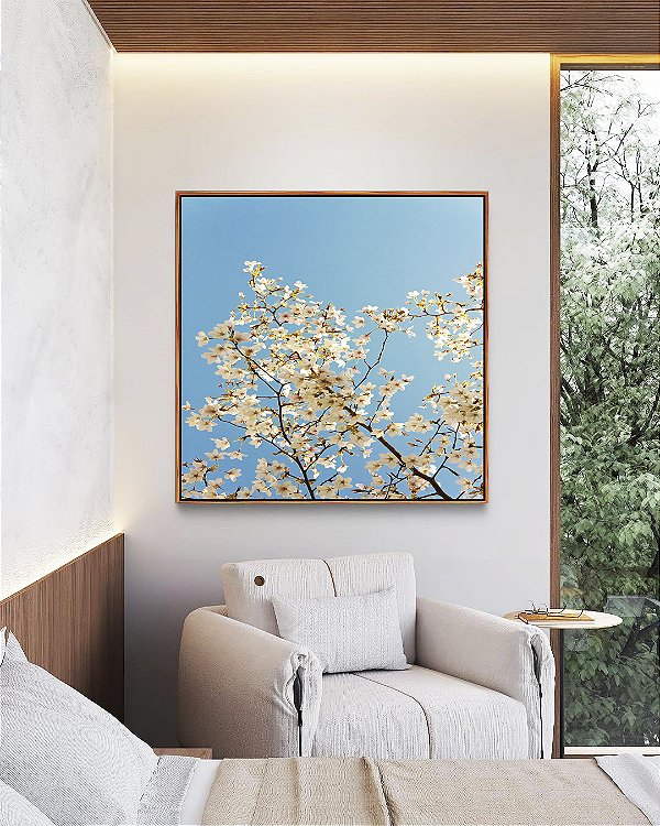 Quadro Quadrado Árvore Flores Brancas Céu Azul Paisagem Canvas Moldura