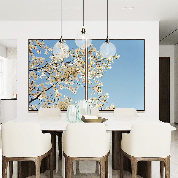 Duo de Quadros Árvore Flores Brancas Céu Azul Paisagem Canvas Moldura