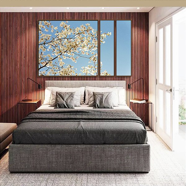 Trio de Quadros Estilizados Árvore Flores Brancas Céu Azul Paisagem Canvas Moldura