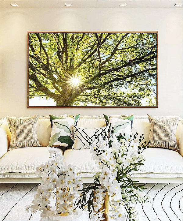 Quadro Horizontal Árvore Folhas Verdes Reflexos do Sol Paisagem Canvas Moldura