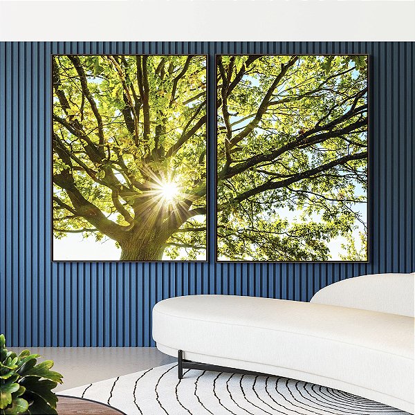 Duo de Quadros Árvore Folhas Verdes Reflexos do Sol Paisagem Canvas Moldura