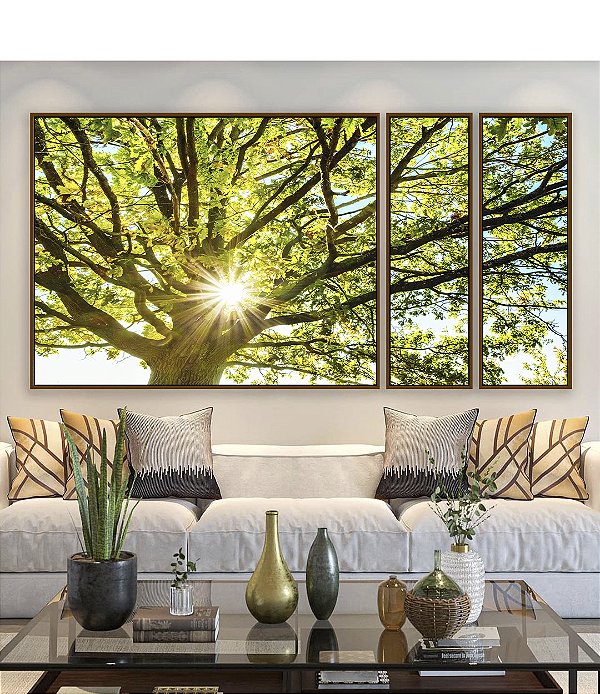 Trio de Quadros Estilizados Árvore Folhas Verdes Reflexos do Sol Paisagem Canvas Moldura