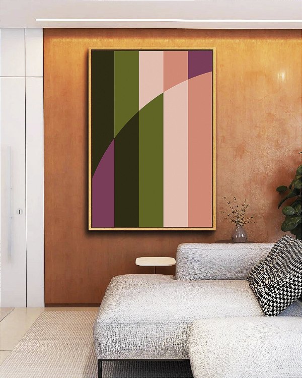 Quadro Vertical Abstrato Geométrico Rosa Verde Arte Canvas Moldura