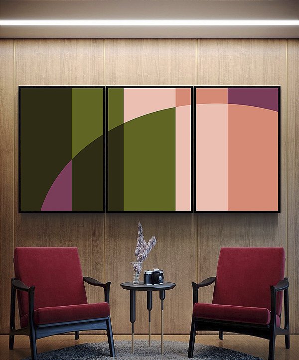 Trio de Quadros Abstrato Geométrico Rosa Verde Arte Canvas Moldura