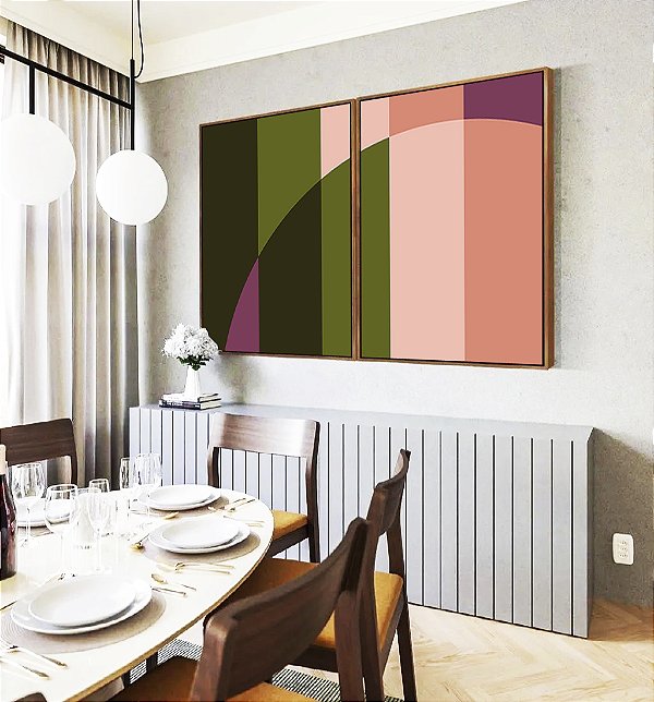 Duo de Quadros Abstrato Geométrico Rosa Verde Arte Canvas Moldura