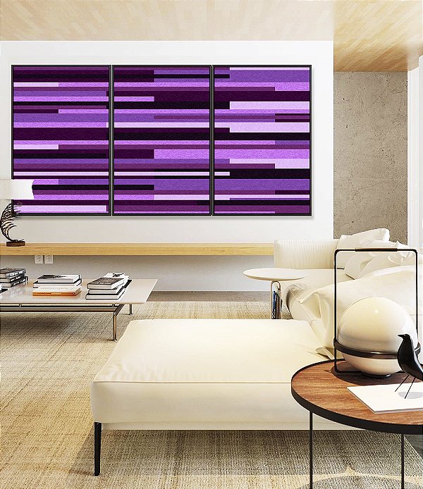 Trio de Quadros Abstrato Mosaico Geométrico Listras Rosa Roxo Lilás Canvas Moldura
