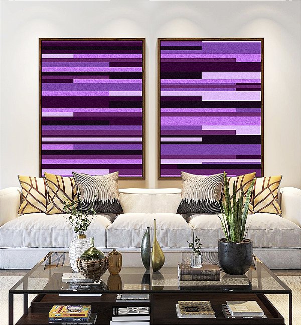 Duo de Quadros Abstrato Mosaico Geométrico Listras Rosa Roxo Lilás Canvas Moldura