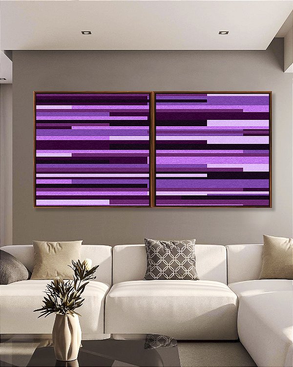 Duo de Quadros Quadrados Abstrato Mosaico Geométrico Listras Rosa Roxo Lilás Canvas Moldura