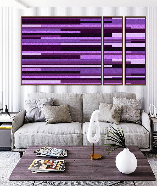 Trio de Quadros Estilizados Abstrato Mosaico Geométrico Listras Rosa Roxo Lilás Canvas Moldura