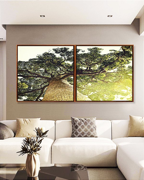 Duo de Quadros Quadrados Natureza Árvore Luzes do Sol Paisagem Canvas Moldura