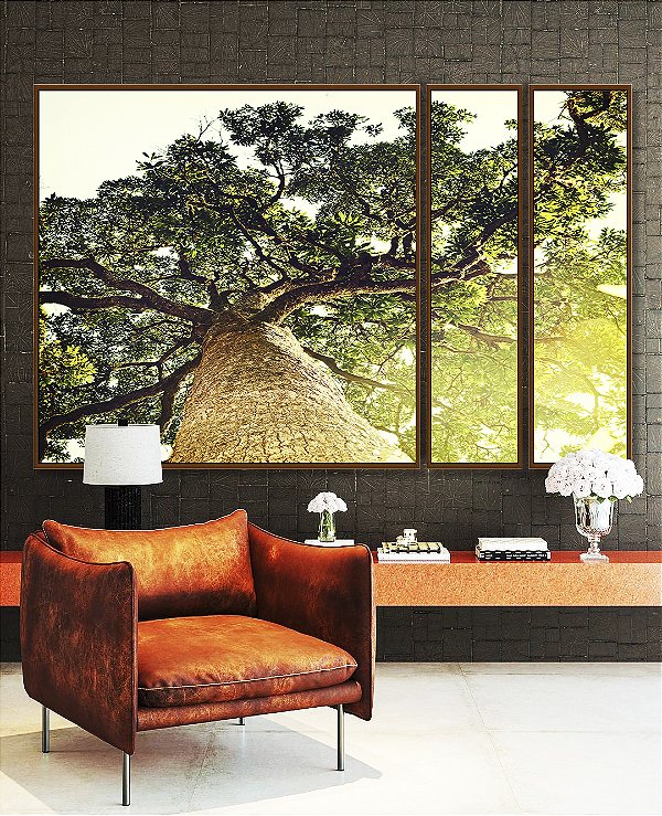 Trio de Quadros Estilizados Natureza Árvore Luzes do Sol Paisagem Canvas Moldura