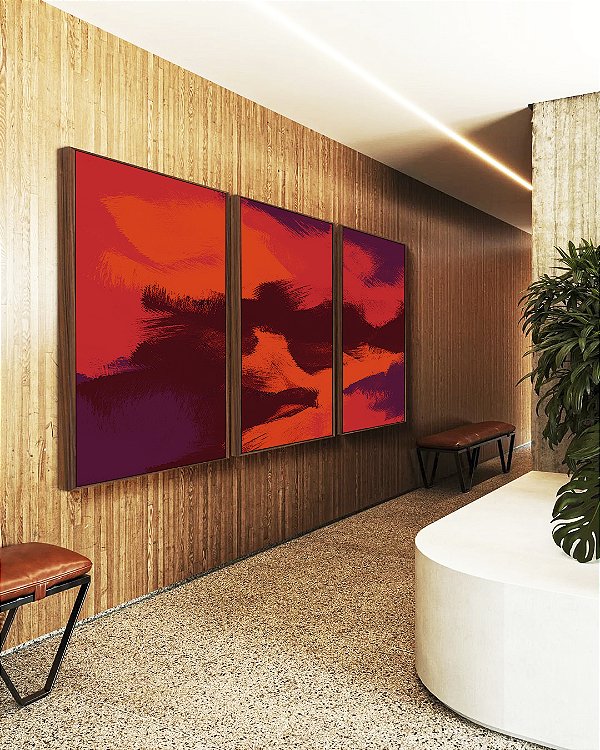 Trio de Quadros Abstrato Vermelho Marrom Roxo Efeito Pintura Canvas Moldura