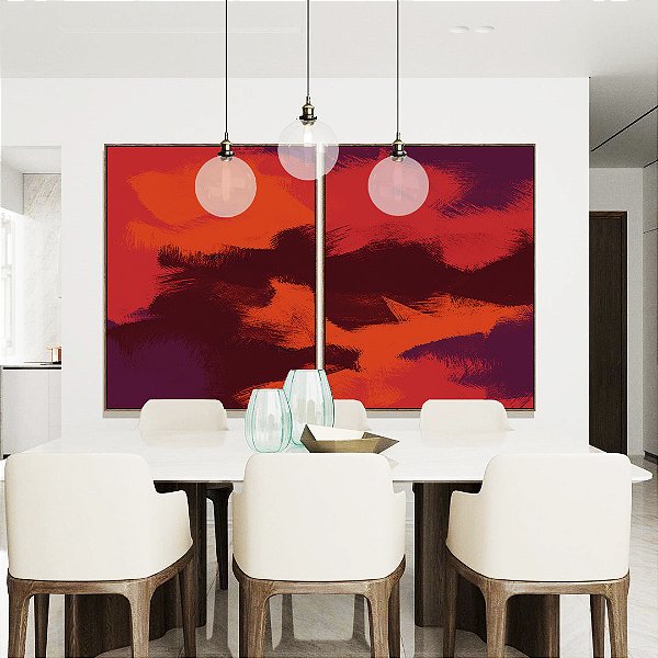 Duo de Quadros Abstrato Vermelho Marrom Roxo Efeito Pintura Canvas Moldura