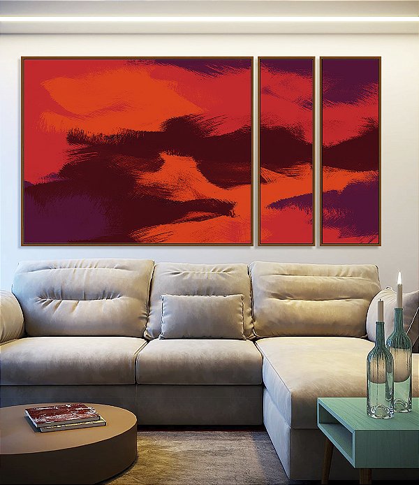 Trio de Quadros Estilizados Abstrato Vermelho Marrom Roxo Efeito Pintura Canvas Moldura