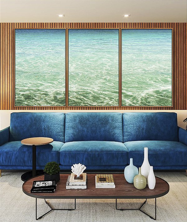 Trio de Quadros Mar Calmo Cristalino Turquesa Natureza Canvas Moldura