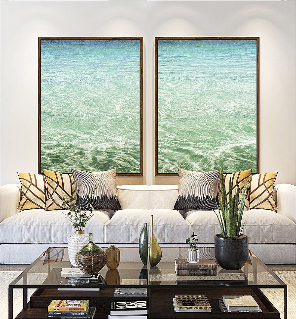 Duo de Quadros Mar Calmo Cristalino Turquesa Natureza Canvas Moldura