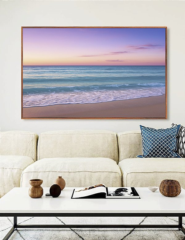 Quadro Horizontal Por do Sol Lilás em Praia de Mar Azul Natureza Canvas Moldura
