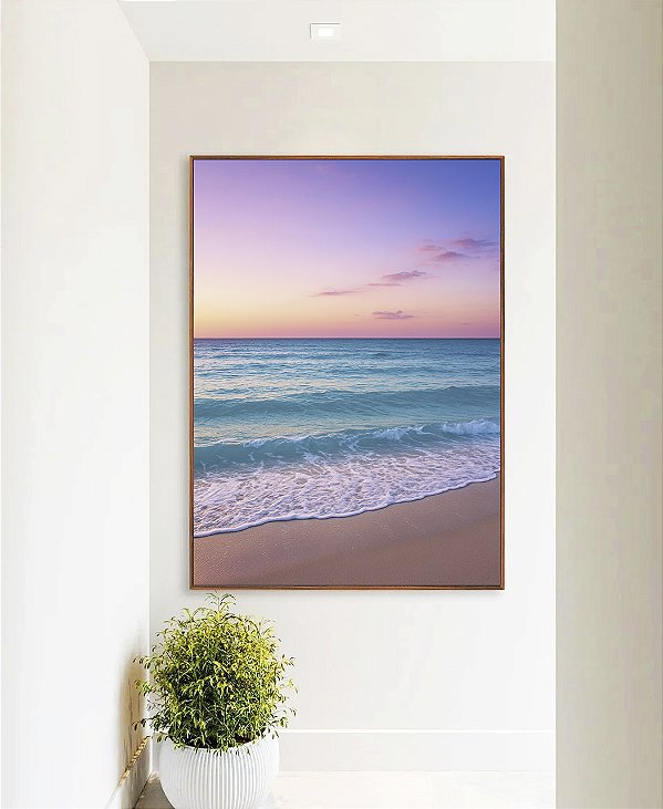 Quadro Vertical Por do Sol Lilás em Praia de Mar Azul Natureza Canvas Moldura