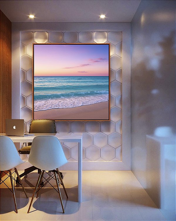 Quadro Quadrado Por do Sol Lilás em Praia de Mar Azul Natureza Canvas Moldura