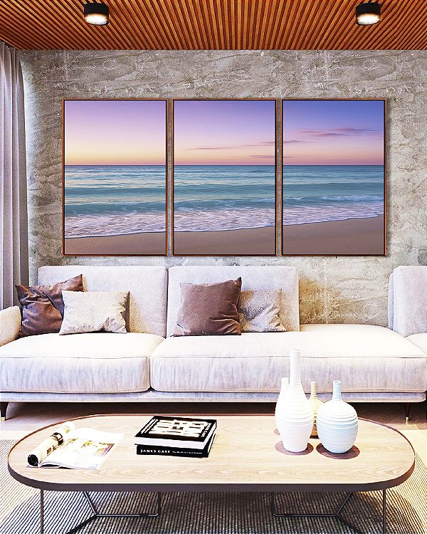 Trio de Quadros Por do Sol Lilás em Praia de Mar Azul Natureza Canvas Moldura