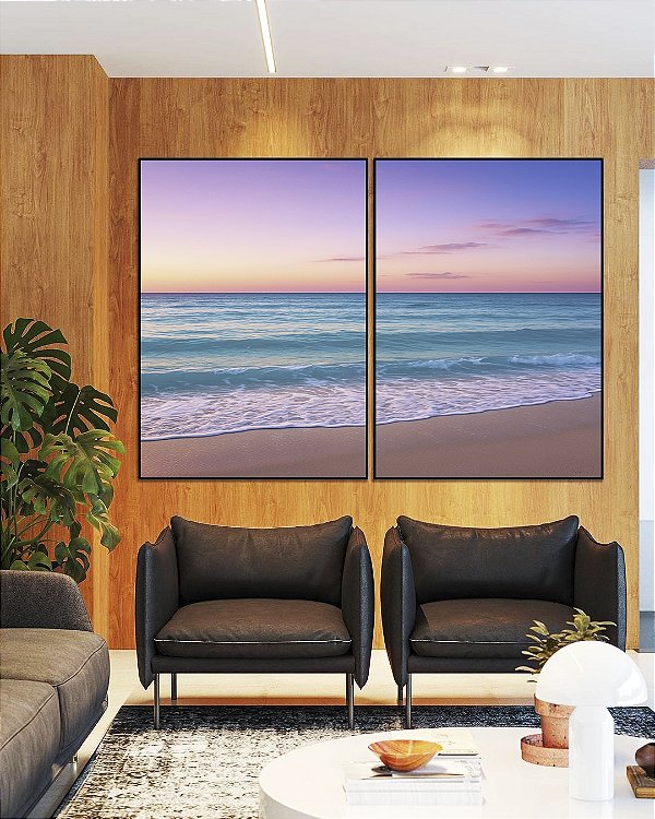Duo de Quadros Por do Sol Lilás em Praia de Mar Azul Natureza Canvas Moldura