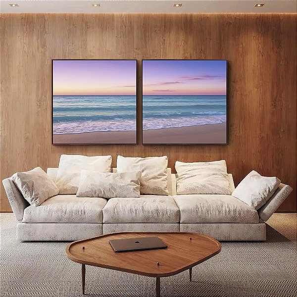 Duo de Quadros Quadrados Por do Sol Lilás em Praia de Mar Azul Natureza Canvas Moldura