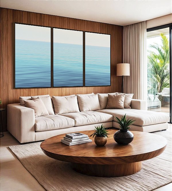 Trio de Quadros Mar Azul Claro e Calmo Natureza Canvas Moldura