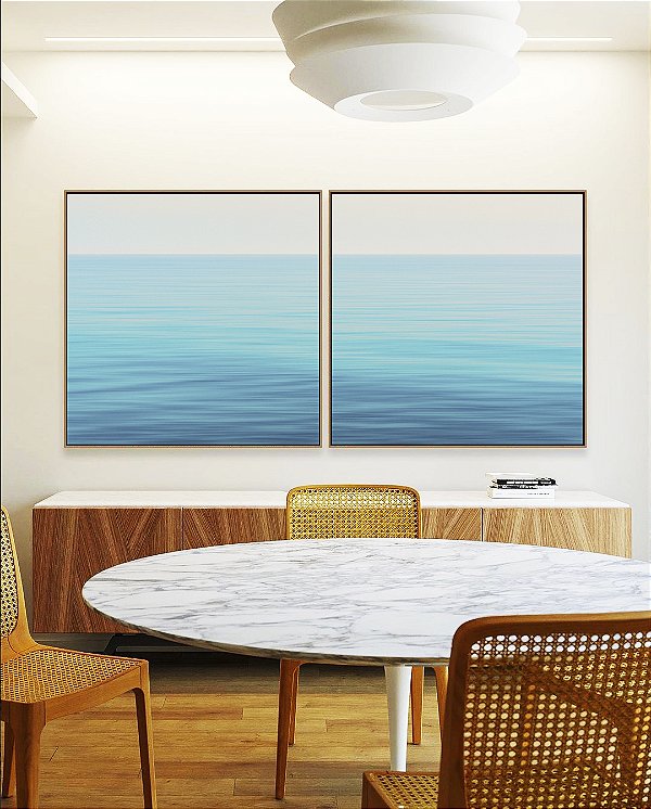 Duo de Quadros Quadrados Mar Azul Claro e Calmo Natureza Canvas Moldura