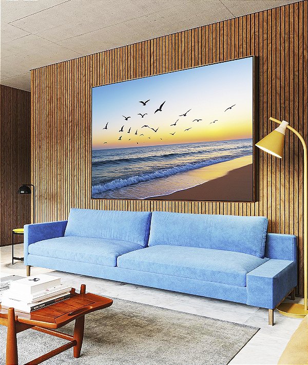 Quadro Horizontal Praia de Mar Azul e Pássaros no céu Natureza Canvas Moldura