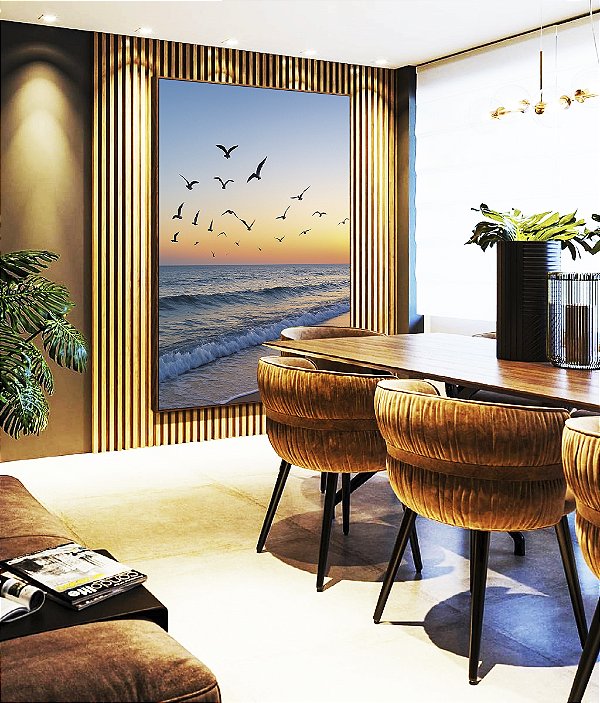 Quadro Vertical Praia de Mar Azul e Pássaros no céu Natureza Canvas Moldura