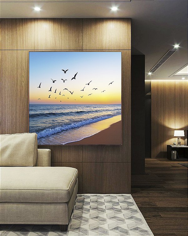 Quadro Quadrado Praia de Mar Azul e Pássaros no céu Natureza Canvas Moldura