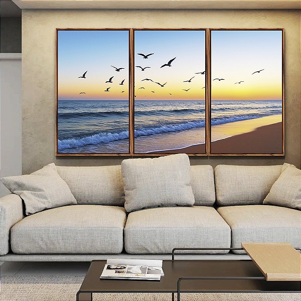 Trio de Quadros Praia de Mar Azul e Pássaros no céu Natureza Canvas Moldura